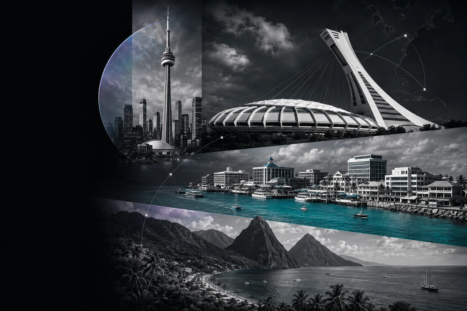 Editorial collage of Toronto’s CN Tower, Montréal’s Olympic Stadium and inclined tower, a Cayman Islands waterfront, and a mountainous Caribbean coastline, connected by fine geographic lines.