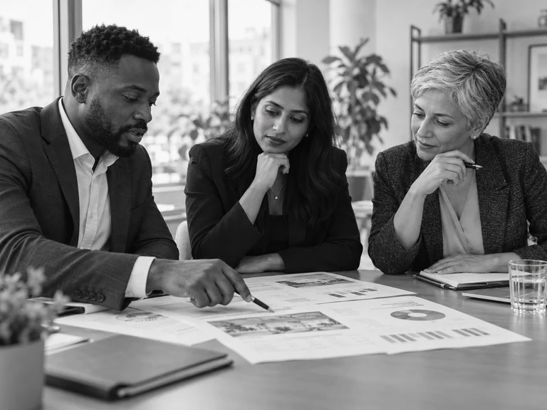 Three colleagues reviewing project plans and milestones