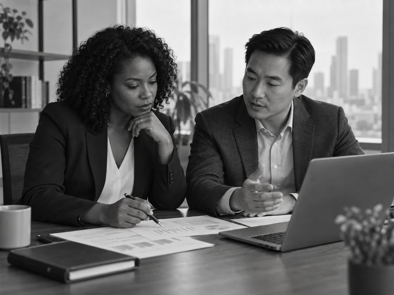 Two investment professionals evaluating documents together