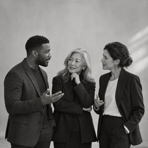 Three professionals exchanging ideas