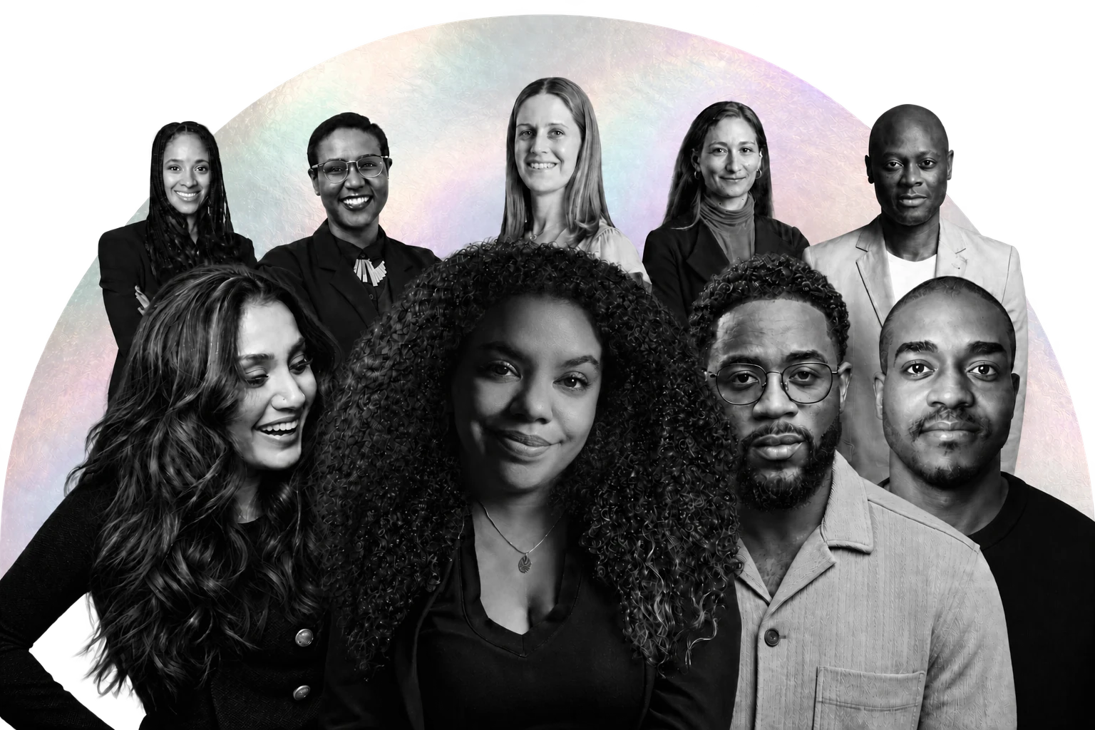 Kori team and advisers in a layered black-and-white portrait collage, with Fadjiah at the centre and a soft pearl circular backdrop