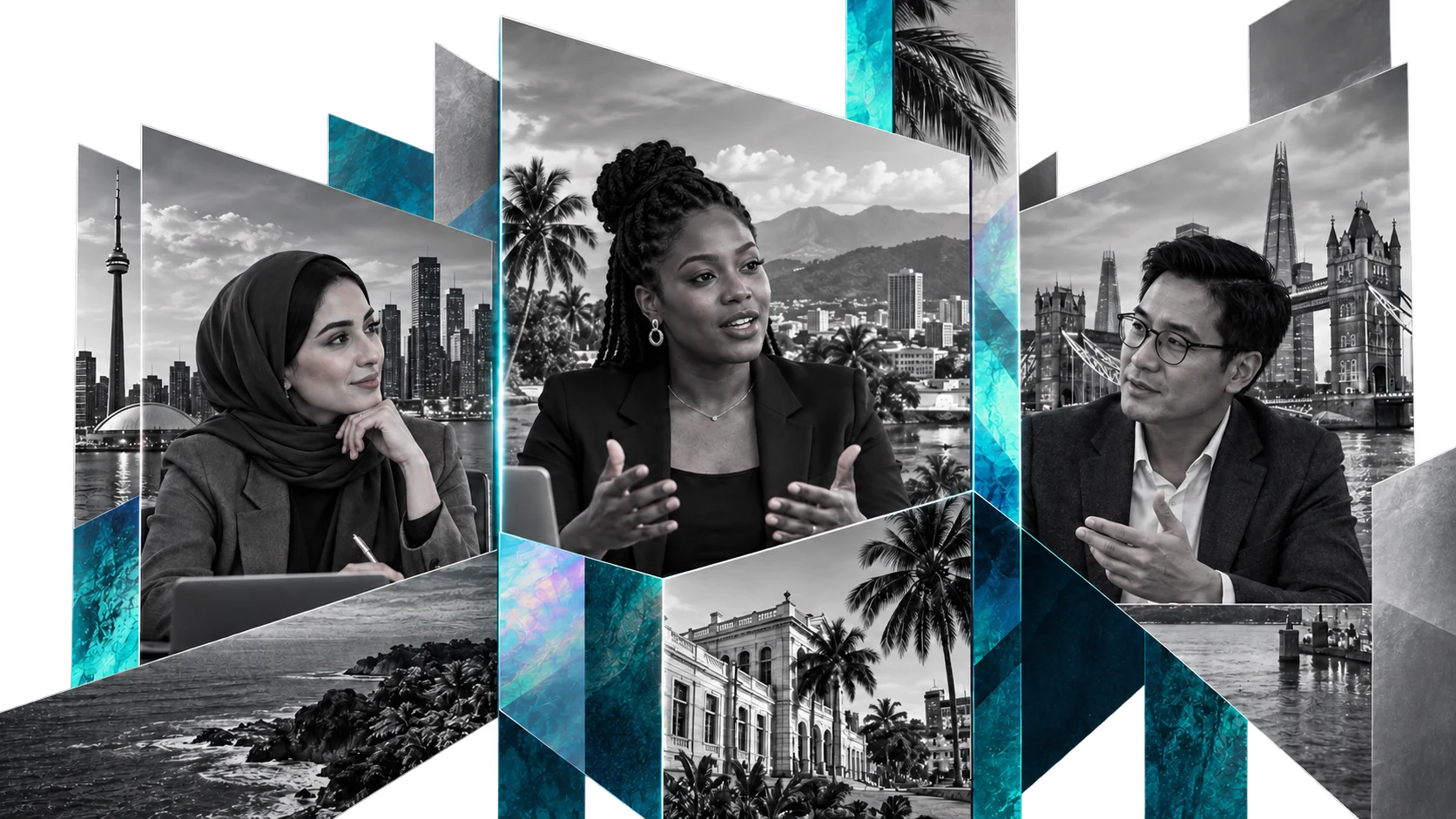 Collage of three professionals with Toronto and London skylines, tropical landscapes, and turquoise geometric panels